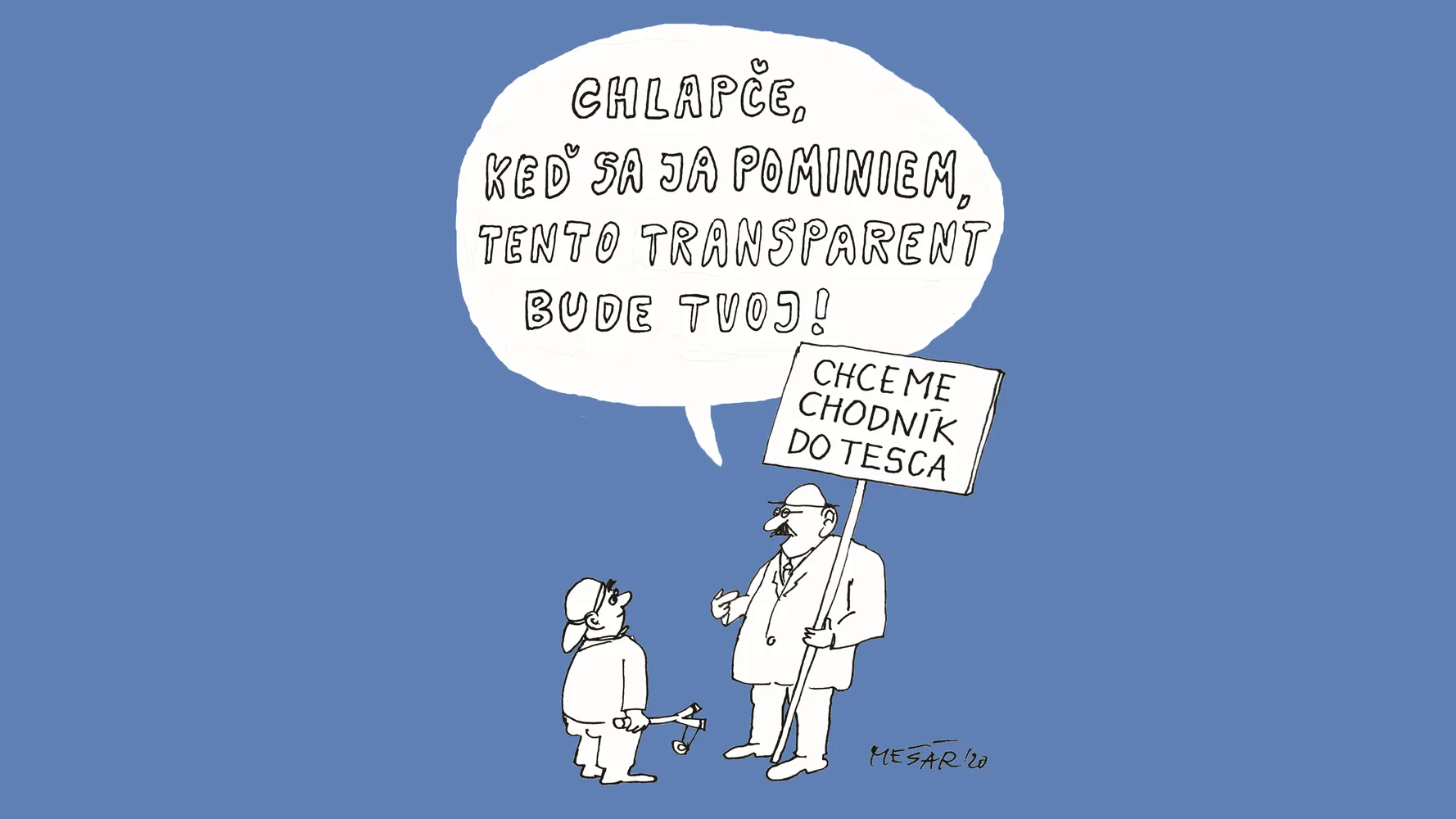 Kreslený vtip o dlhom čakaní na cyklochodník (kresba Mešár, 2020)
